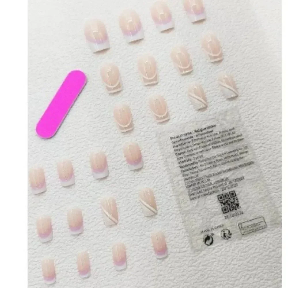 3for$20 Nails with 24pcs Long Square White Line French Style